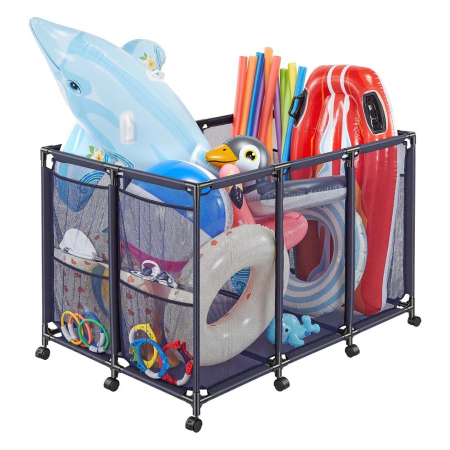 VEVOR Pool Storage Bin, 125 x 84 x 84 cm, Rolling Pool Float Storage Organizer with Side Pockets & Casters, Heavy Duty Metal Frame, Poolside Toys Noodles Holder Mesh Basket for Swimming Pools