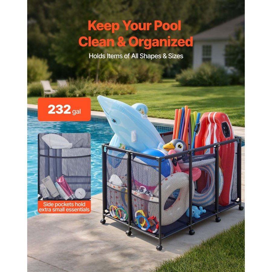 VEVOR Pool Storage Bin, 125 x 84 x 84 cm, Rolling Pool Float Storage Organizer with Side Pockets & Casters, Heavy Duty Metal Frame, Poolside Toys Noodles Holder Mesh Basket for Swimming Pools