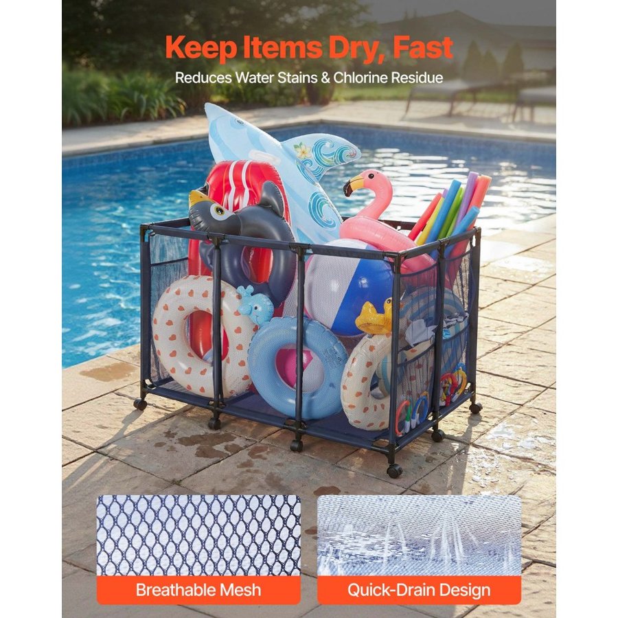 VEVOR Pool Storage Bin, 125 x 84 x 84 cm, Rolling Pool Float Storage Organizer with Side Pockets & Casters, Heavy Duty Metal Frame, Poolside Toys Noodles Holder Mesh Basket for Swimming Pools
