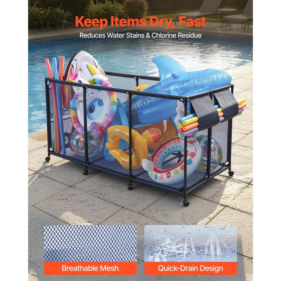 VEVOR Pool Storage Bin, 175.5 x 81.5 x 89 cm, Rolling Pool Float Storage Organizer with Side Pockets & Noodles Holder, Durable Metal Frame, Poolside Toys Breathable Mesh Basket for Swimming Pools