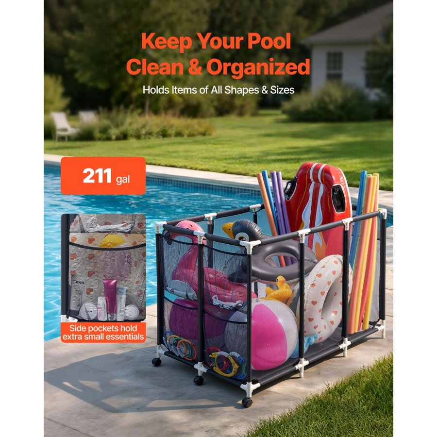 VEVOR Pool Storage Bin, c, Rolling Pool Float Storage Organizer with Side Pockets & Casters, Heavy Duty Plastic Frame, Poolside Toys Noodles Holder Mesh Basket for Swimming Pools