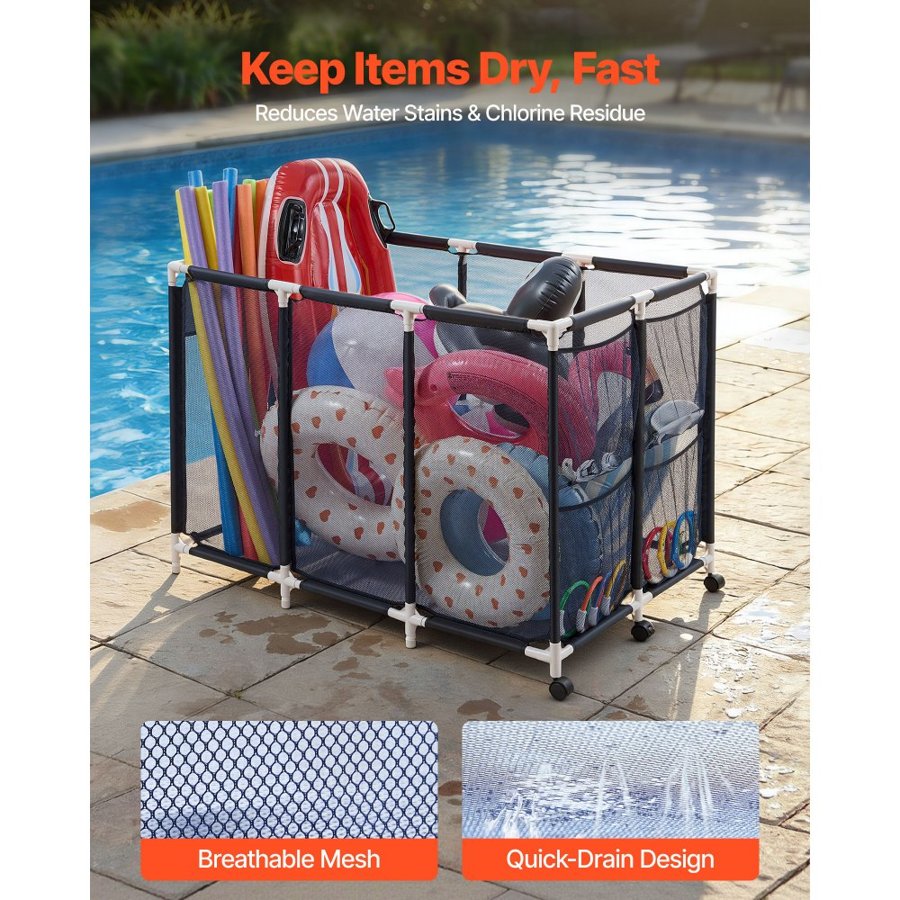 VEVOR Pool Storage Bin, c, Rolling Pool Float Storage Organizer with Side Pockets & Casters, Heavy Duty Plastic Frame, Poolside Toys Noodles Holder Mesh Basket for Swimming Pools