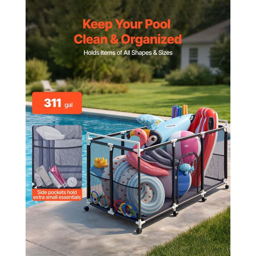 VEVOR Pool Storage Bin, 159 x 81.5 x 91.5 cm, Rolling Pool Float Storage Organizer with Side Pockets & Casters, Durable Plastic Frame, Poolside Toys Noodles Holder Mesh Basket for Swimming Pools