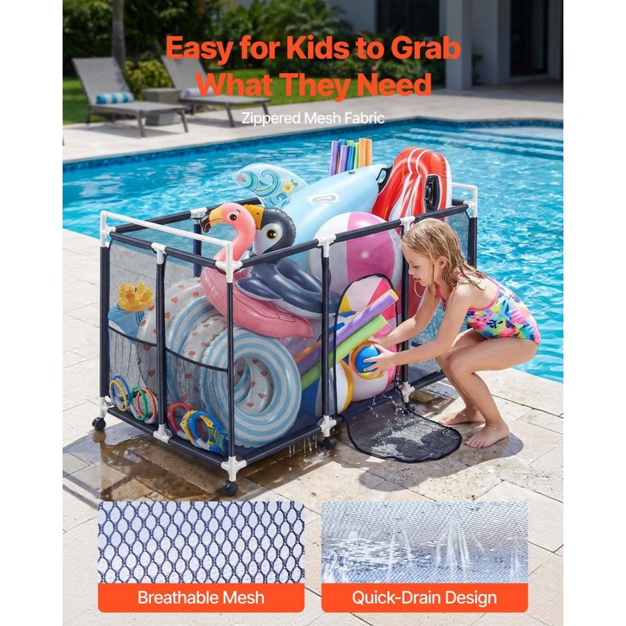 VEVOR Pool Storage Bin, 159 x 81.5 x 91.5 cm, Rolling Pool Float Storage Organizer with Side Pockets & Casters, Durable Plastic Frame, Poolside Toys Noodles Holder Mesh Basket for Swimming Pools