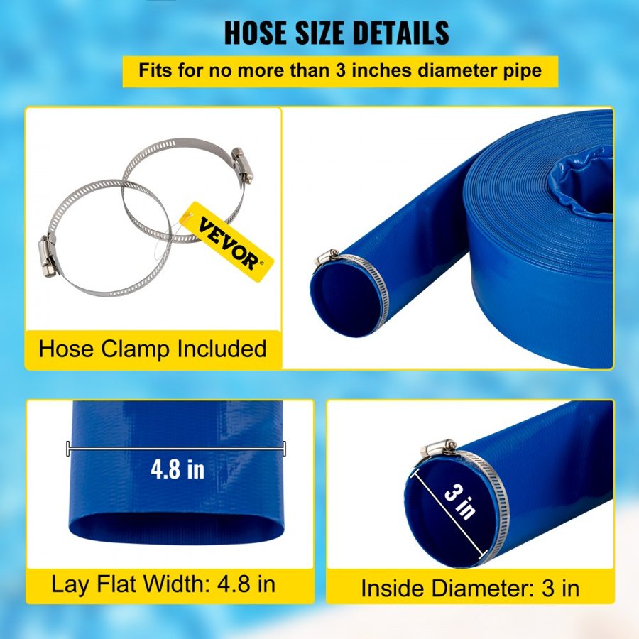 VEVOR Discharge Hose, 76 mm x 32 m, PVC Lay Flat Hose, Heavy Duty Backwash Drain Hose with Clamps, Weather-proof & Burst-proof, Ideal for Swimming Pool & Water Transfer, Blue