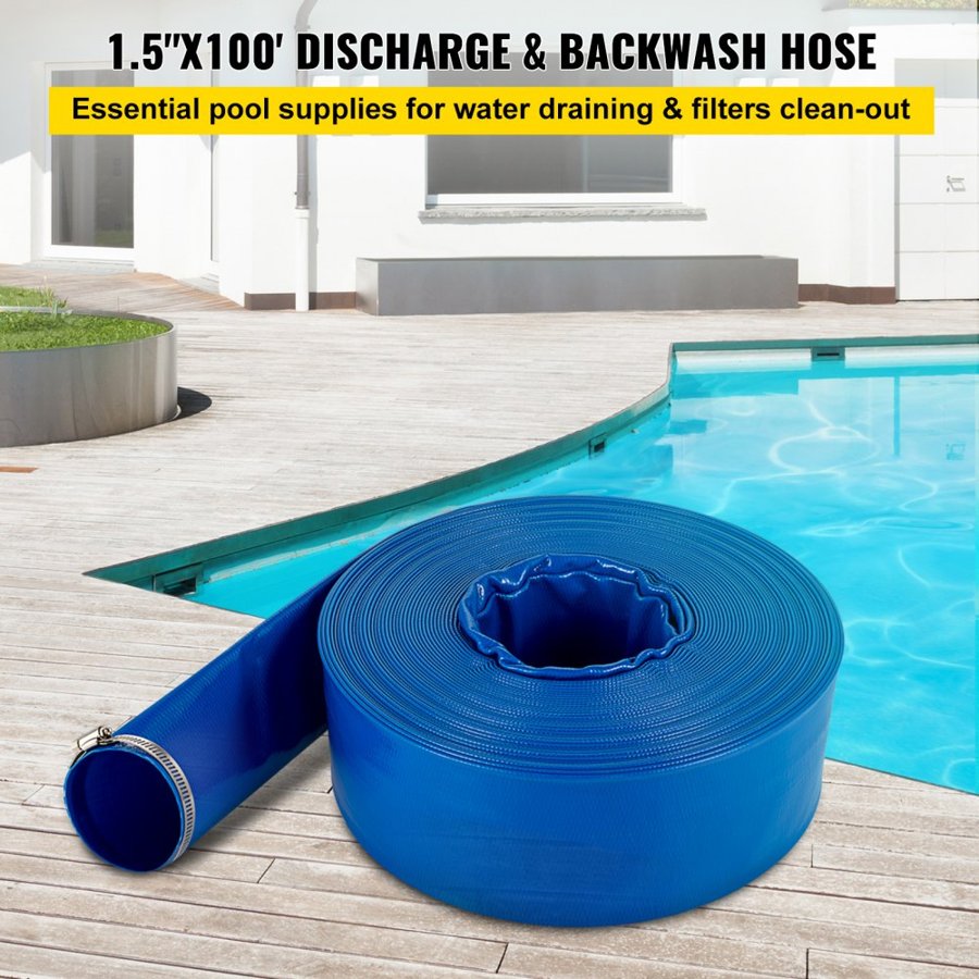 VEVOR Discharge Hose, 38 mm x 32 m, PVC Fabric Lay Flat Hose, Heavy Duty Backwash Drain Hose with Clamps, Weather-proof & Burst-proof, Ideal for Swimming Pool & Water Transfer, Blue