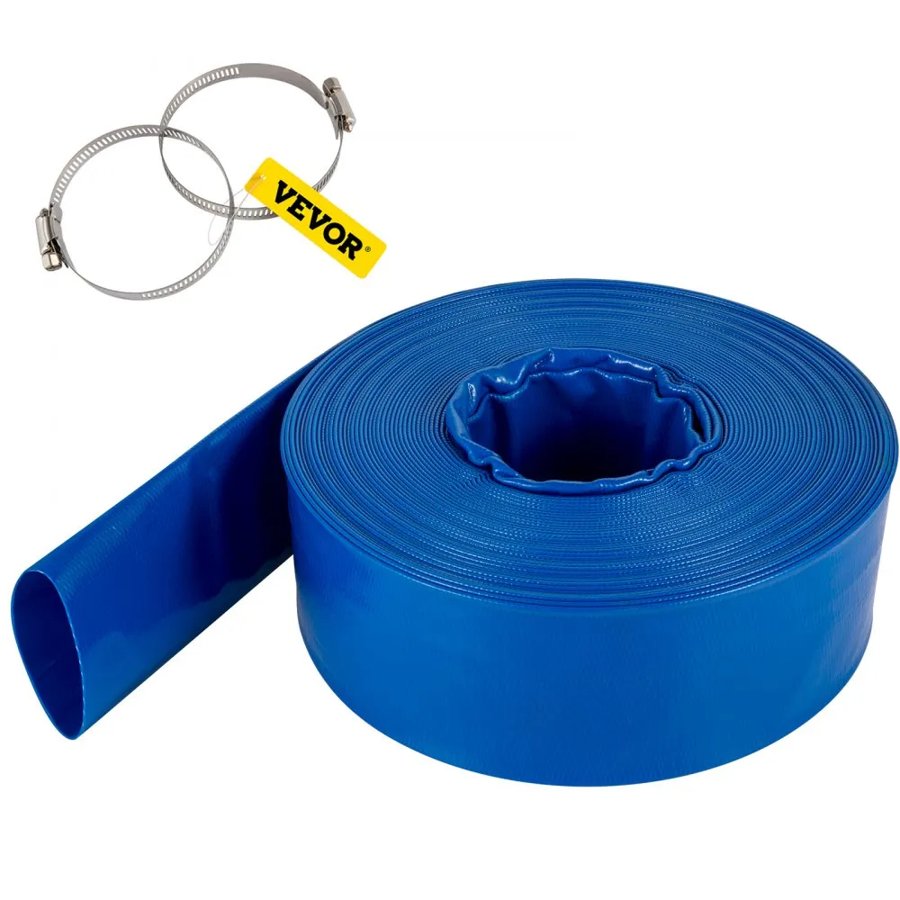 VEVOR Discharge Hose, 51 mm x 32 m, PVC Fabric Lay Flat Hose, Heavy Duty Backwash Drain Hose with Clamps, Weather-proof & Burst-proof, Ideal for Swimming Pool & Water Transfer, Blue