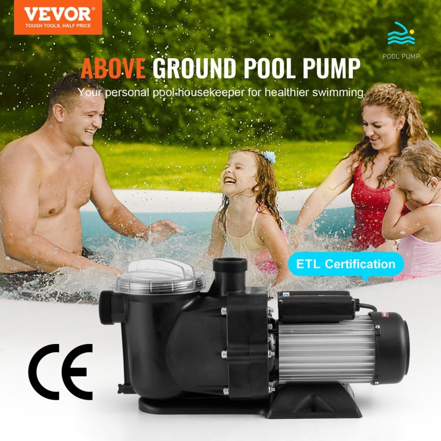 VEVOR Above Ground Pool Pump, 1118W(1.5HP), 378 L/min((100 GPM) Max. Flow Single Speed Swimming Pool Pump, 220V 2850RPM 15M Max. Head Lift Pool Pump with Filter Basket, for Above Ground Pools Hot Tubs Spas, UL Certified