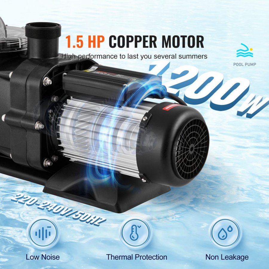 VEVOR Above Ground Pool Pump, 1118W(1.5HP), 378 L/min((100 GPM) Max. Flow Single Speed Swimming Pool Pump, 220V 2850RPM 15M Max. Head Lift Pool Pump with Filter Basket, for Above Ground Pools Hot Tubs Spas, UL Certified