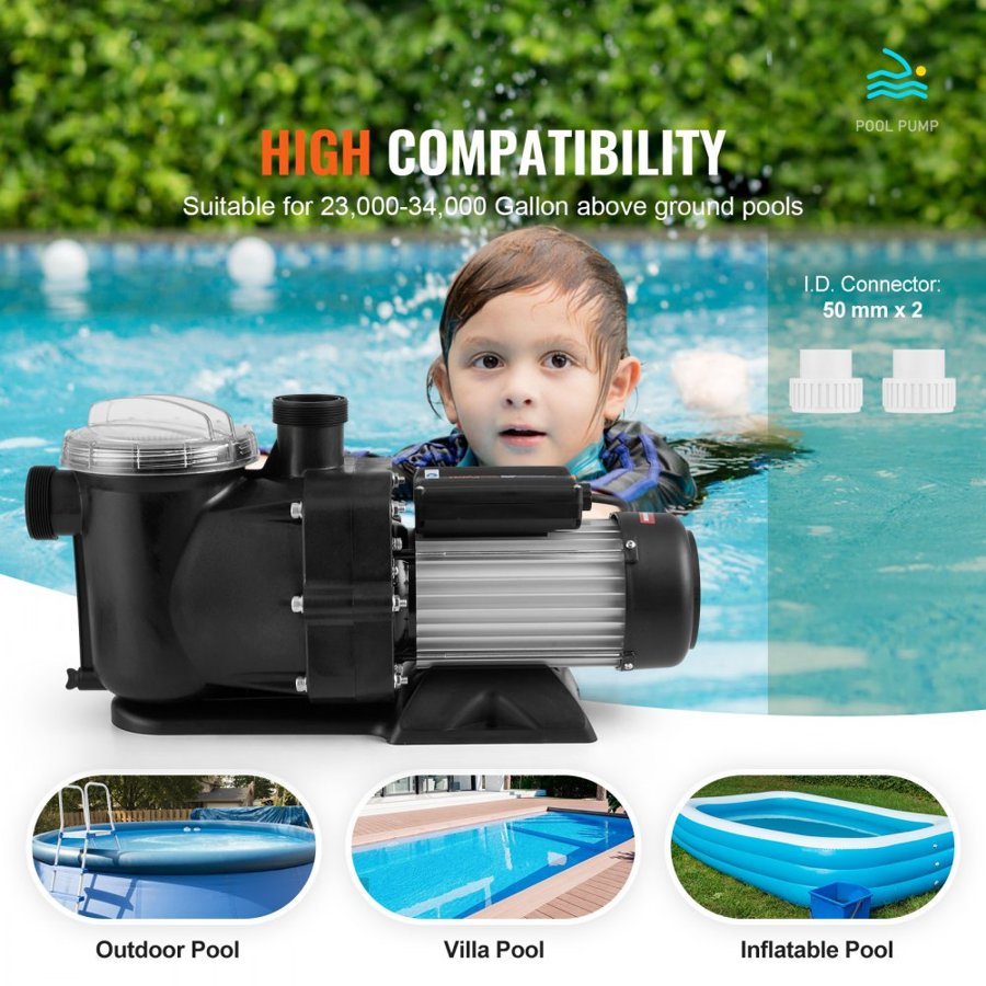 VEVOR Above Ground Pool Pump, 1118W(1.5HP), 378 L/min((100 GPM) Max. Flow Single Speed Swimming Pool Pump, 220V 2850RPM 15M Max. Head Lift Pool Pump with Filter Basket, for Above Ground Pools Hot Tubs Spas, UL Certified
