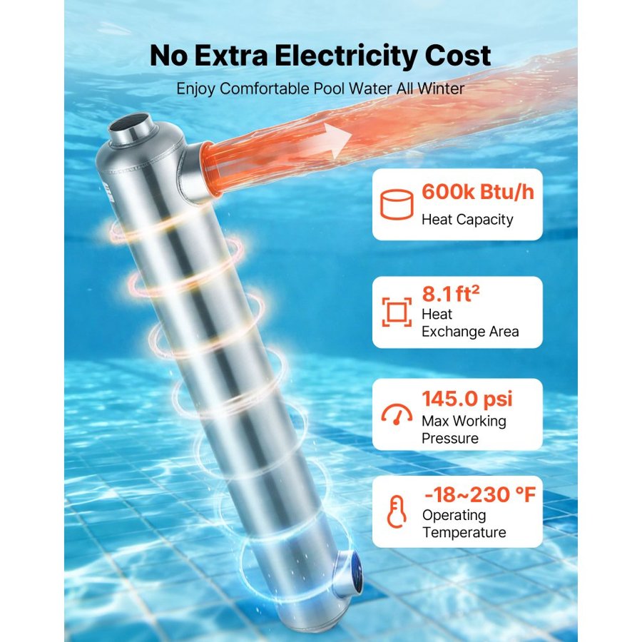 VEVOR Pool Heat Exchanger, 600K BTU Swimming Pool Heater Exchanger, 316L Stainless Steel Construction, High Efficiency Water to Water Transfer Heating System for Spa, Hot Tub, Indoor/Outdoor, Silver