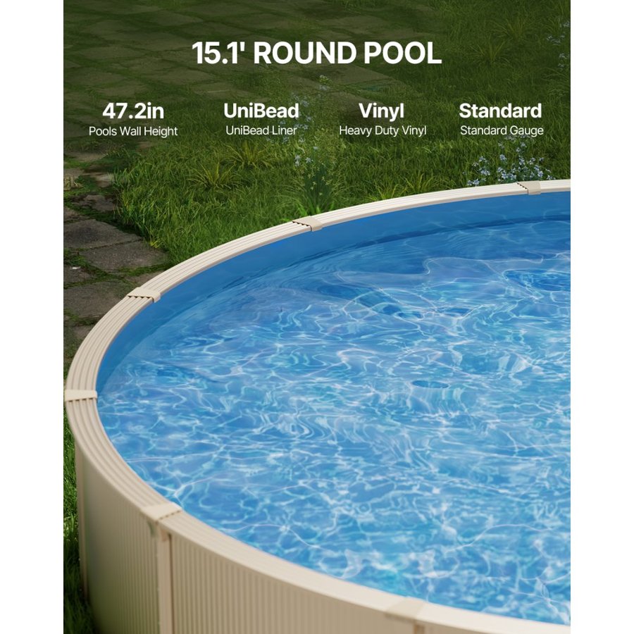 VEVOR Pool Liner, 15ft Round Pool Liner, Uinbead Style, Durable Vinyl Pool Liner, Standard Gauge, 47in Wall Height, Pool Liner Replacement for Steel Sided Above-Ground Swimming Pools, Solid Color