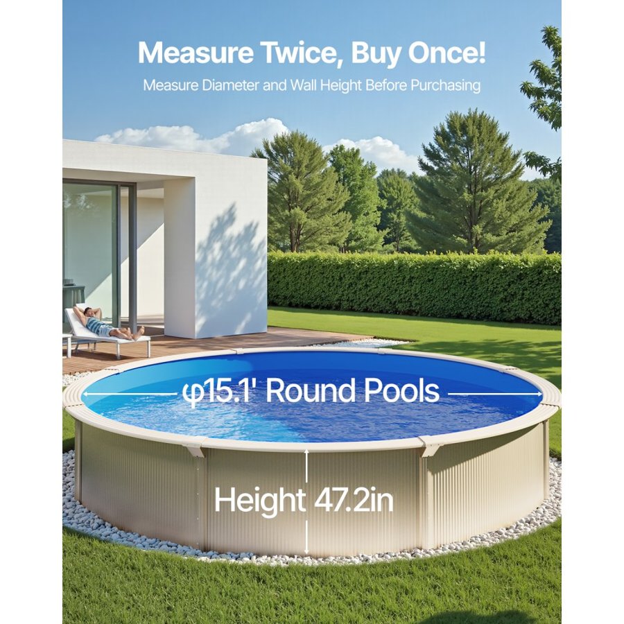 VEVOR Pool Liner, 15ft Round Pool Liner, Uinbead Style, Durable Vinyl Pool Liner, Standard Gauge, 47in Wall Height, Pool Liner Replacement for Steel Sided Above-Ground Swimming Pools, Solid Color