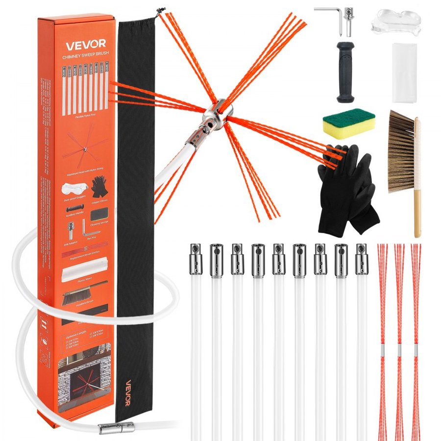 VEVOR Chimney Sweep Kit, 30 ft Maximum Extendable Length Chimney Sweep, Chimneys Cleaning Kit with Bristle Replacements & Goggles, 90° Bendable Fireplace Cleaning Tool, for Square, Rectangle Chimneys