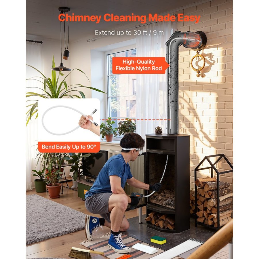 VEVOR Chimney Sweep Kit, 30 ft Maximum Extendable Length Chimney Sweep, Chimneys Cleaning Kit with Bristle Replacements & Goggles, 90° Bendable Fireplace Cleaning Tool, for Square, Rectangle Chimneys