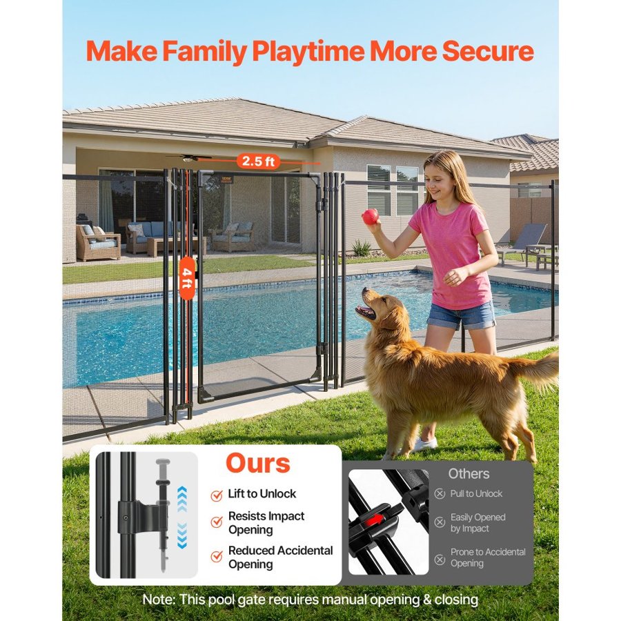 VEVOR Pool Fence Gate, 1.2 x 0.75 m Inground Swimming Pool Fences Gate, Outdoor Security Fencing Door Kit with Metal Latch, 352 gsm Teslin PVC Mesh, Round Tube, Lockable and Easy Installation, Black