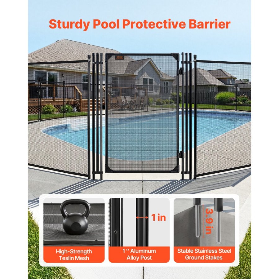 VEVOR Pool Fence Gate, 1.2 x 0.75 m Inground Swimming Pool Fences Gate, Outdoor Security Fencing Door Kit with Metal Latch, 352 gsm Teslin PVC Mesh, Round Tube, Lockable and Easy Installation, Black