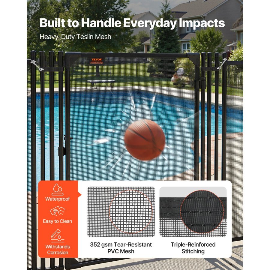 VEVOR Pool Fence Gate, 1.2 x 0.75 m Inground Swimming Pool Fences Gate, Outdoor Security Fencing Door Kit with Metal Latch, 352 gsm Teslin PVC Mesh, Round Tube, Lockable and Easy Installation, Black