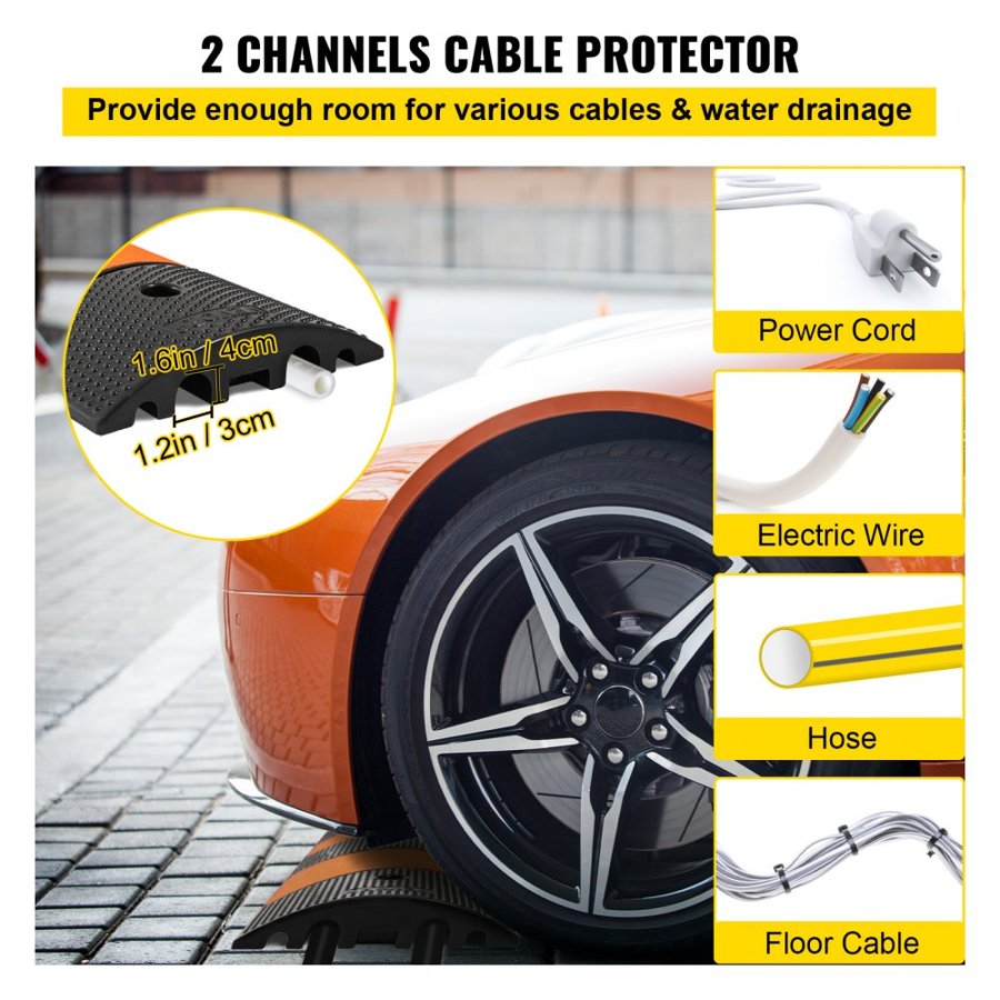 VEVOR Modular Rubber Speed Bump Driveway Cable Protector Ramp 6FT with 2 Channel 185x31x5.5 cm
