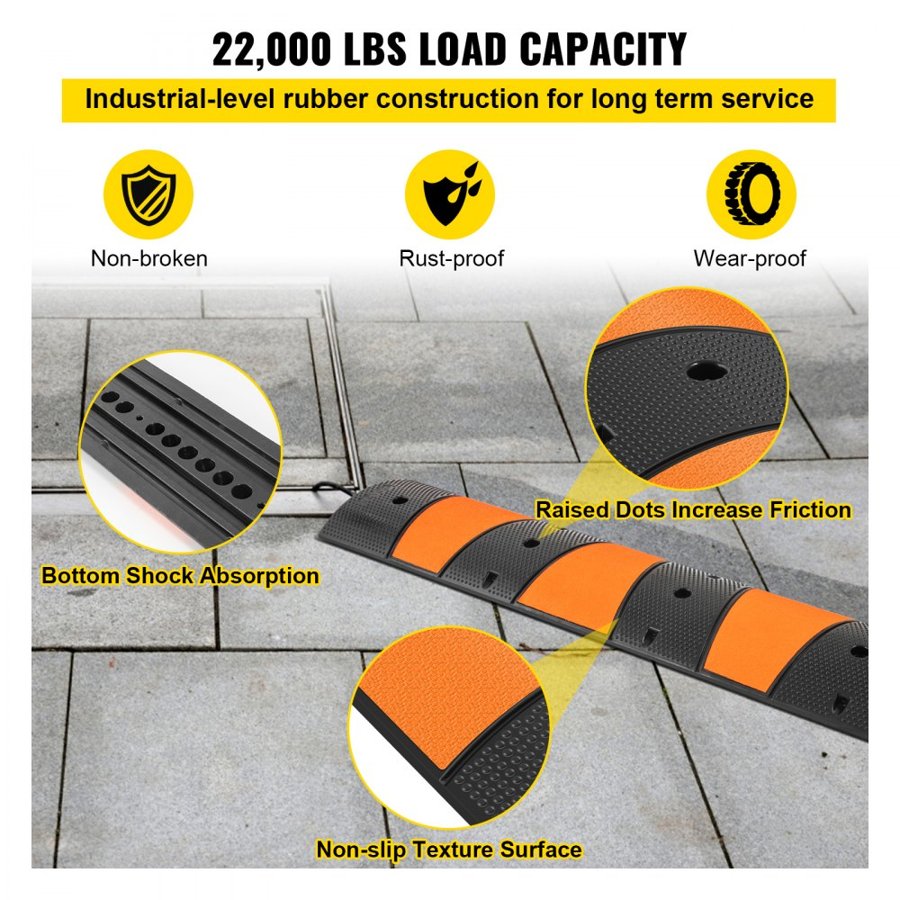 VEVOR Modular Rubber Speed Bump Driveway Cable Protector Ramp 6FT with 2 Channel 185x31x5.5 cm