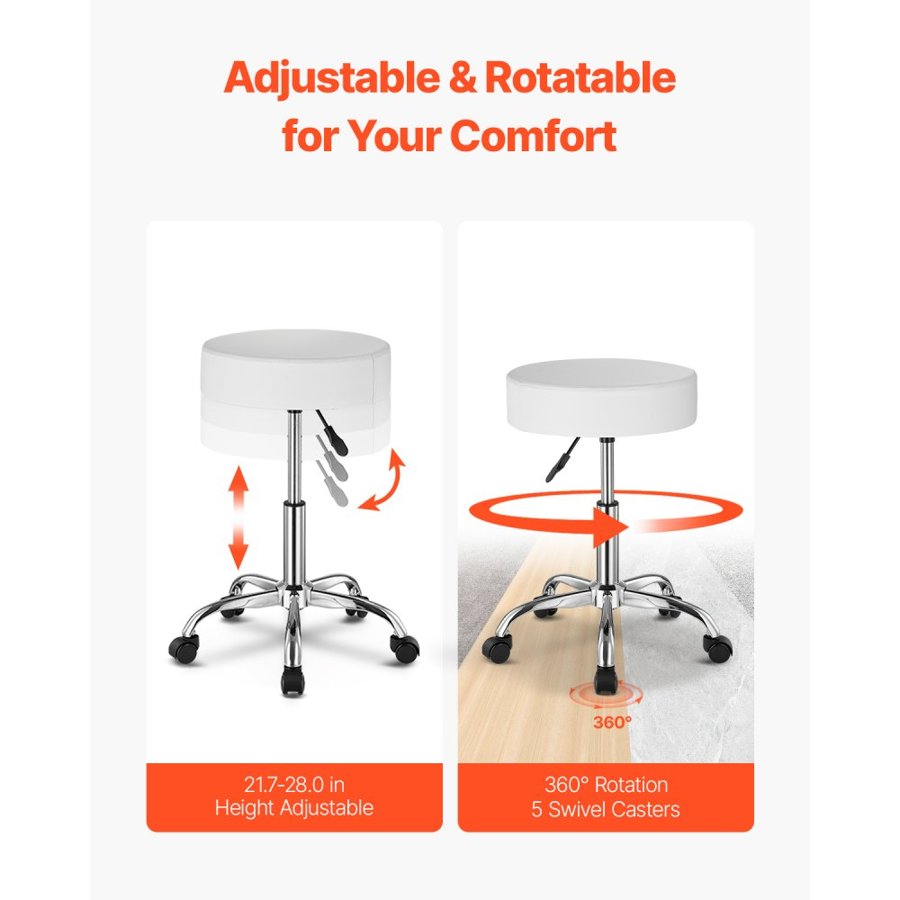 VEVOR Rolling Stool with Wheels, 450 LBS Weight Capacity Round Rolling Stool Chair, Height Adjustable Thickened PU Leather Swivel Stool for Salon, Spa, Massage, Tattoo, Clinic, White