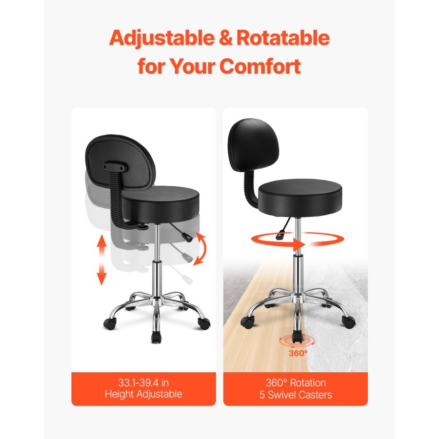 VEVOR Rolling Stool with Back Support – 450LBS, 21.7-28"