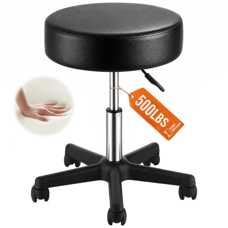 VEVOR Rolling Stools with Wheels, 181.4 kg Weight Capacity Adjustable Height Stool with Ultra-Thick Seat Cushion, Swivel Stools Chair for Salon, Bar, Home, Office, Tatoo, Medical, Massage, Black