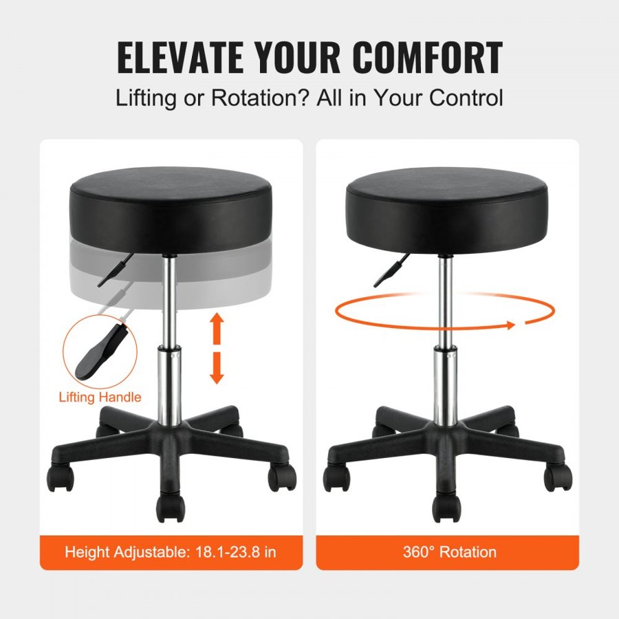 VEVOR Rolling Stools with Wheels, 181.4 kg Weight Capacity Adjustable Height Stool with Ultra-Thick Seat Cushion, Swivel Stools Chair for Salon, Bar, Home, Office, Tatoo, Medical, Massage, Black