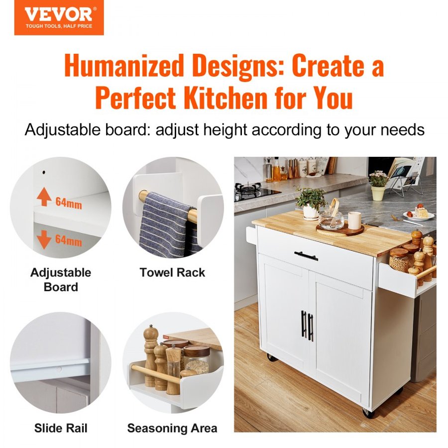 VEVOR Kitchen Island Cart with Solid Wood Top, 90 cm Width Mobile Carts with Storage Cabinet, Rolling Kitchen Table with Spice Rack, Towel Rack, Drop Leaf and Drawer, Portable Islands on Wheels, White