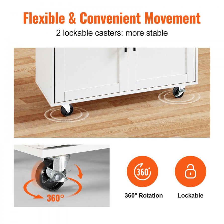 VEVOR Kitchen Island Cart with Solid Wood Top, 90 cm Width Mobile Carts with Storage Cabinet, Rolling Kitchen Table with Spice Rack, Towel Rack, Drop Leaf and Drawer, Portable Islands on Wheels, White