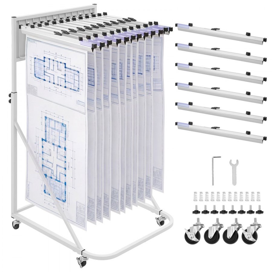 VEVOR Blueprint Storage Rack, Steel, Mobile Adjustable Blueprint Holder with 6 Pack of 610 mm Aluminum Clamps, 4 Wheels, Display Rack Storage Organizer Stand, for File Display Plan Poster Office Home