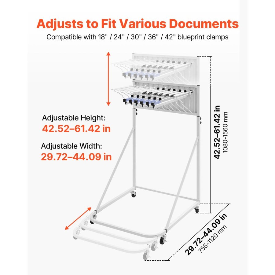 VEVOR Blueprint Storage Rack, Steel, Mobile Adjustable Blueprint Holder with 6 Pack of 610 mm Aluminum Clamps, 4 Wheels, Display Rack Storage Organizer Stand, for File Display Plan Poster Office Home