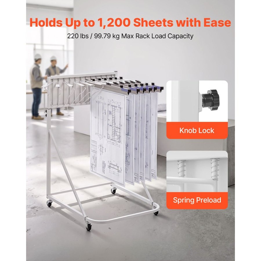VEVOR Blueprint Storage Rack, Steel, Mobile Adjustable Blueprint Holder with 6 Pack of 610 mm Aluminum Clamps, 4 Wheels, Display Rack Storage Organizer Stand, for File Display Plan Poster Office Home