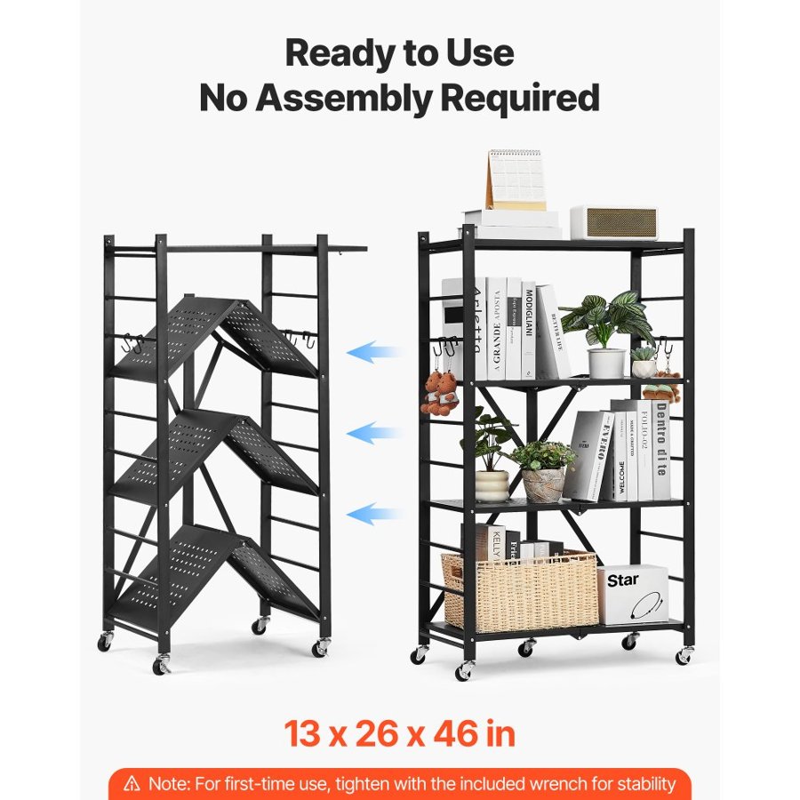 VEVOR 4-Tier Foldable Storage Shelf, 26W x 13D x 46H Inch Folding Metal Rack Shelving Unit, No Assembly Organizer Shelf with 5 Wheels & 4 Hooks for Pantry, Kitchen, Garage, Basement, Black
