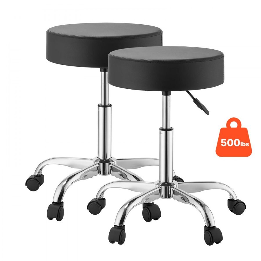 VEVOR Rolling Stools with Wheels, Set of 2, 226.8kg Weight Capacity, Height Adjustable, Thick Cushion Ergonomic PU Leather Seat, 360° Swivel Round Rolling Stool Chair for Salon, Spa, Clinic, Black