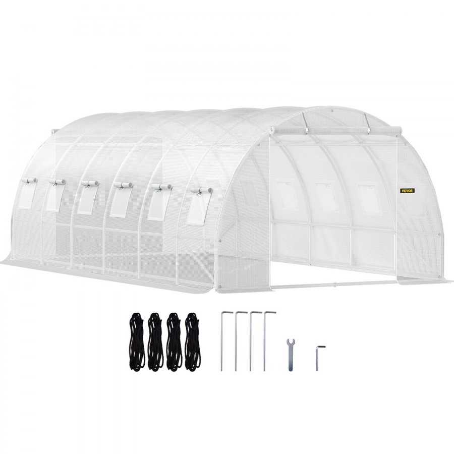 VEVOR Walk-in Tunnel Greenhouse, 609.6 x 304.8 x 213.4 cm Portable Plant Hot House w/ Galvanized Steel Hoops, 3 Top Beams, 4 Diagonal Poles, 2 Zippered Doors & 12 Roll-up Windows, White