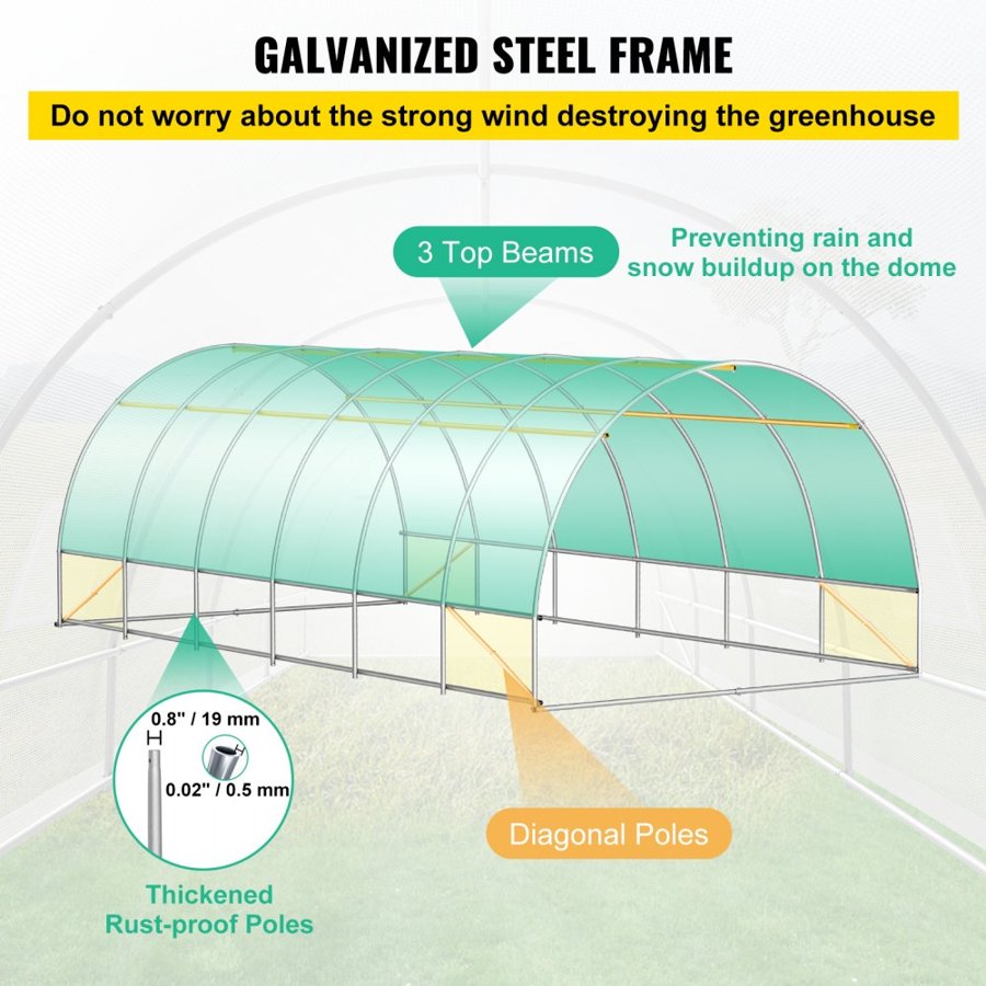 VEVOR Walk-in Tunnel Greenhouse, 609.6 x 304.8 x 213.4 cm Portable Plant Hot House w/ Galvanized Steel Hoops, 3 Top Beams, 4 Diagonal Poles, 2 Zippered Doors & 12 Roll-up Windows, White
