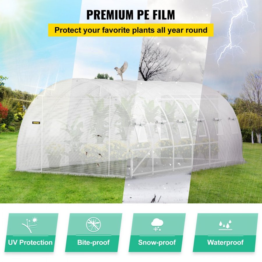 VEVOR Walk-in Tunnel Greenhouse, 609.6 x 304.8 x 213.4 cm Portable Plant Hot House w/ Galvanized Steel Hoops, 3 Top Beams, 4 Diagonal Poles, 2 Zippered Doors & 12 Roll-up Windows, White