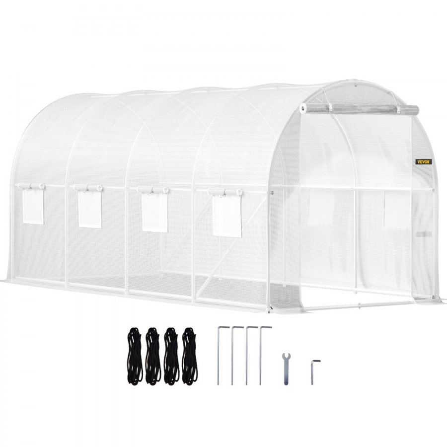 VEVOR Walk-in Tunnel Greenhouse, 457.2 x 198.12 x 213.4 cm Portable Plant Hot House w/ Galvanized Steel Hoops, 1 Top Beam, 2 x Diagonal Poles, 2 Zippered Doors & 8 Roll-up Windows, White