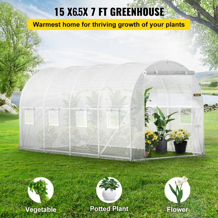 VEVOR Walk-in Tunnel Greenhouse, 457.2 x 198.12 x 213.4 cm Portable Plant Hot House w/ Galvanized Steel Hoops, 1 Top Beam, 2 x Diagonal Poles, 2 Zippered Doors & 8 Roll-up Windows, White