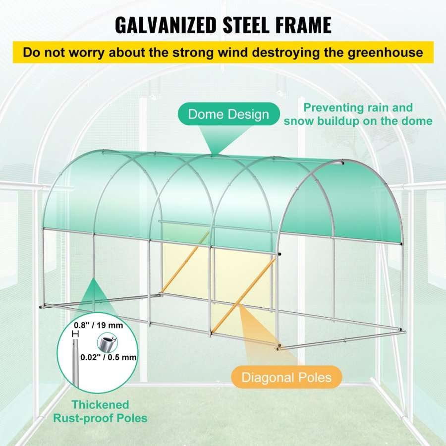 VEVOR Walk-in Tunnel Greenhouse, 457.2 x 198.12 x 213.4 cm Portable Plant Hot House w/ Galvanized Steel Hoops, 1 Top Beam, 2 x Diagonal Poles, 2 Zippered Doors & 8 Roll-up Windows, White
