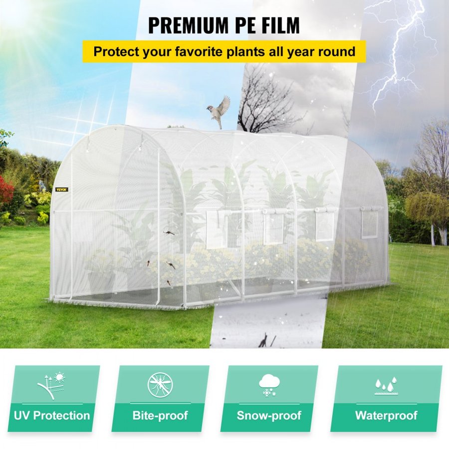 VEVOR Walk-in Tunnel Greenhouse, 457.2 x 198.12 x 213.4 cm Portable Plant Hot House w/ Galvanized Steel Hoops, 1 Top Beam, 2 x Diagonal Poles, 2 Zippered Doors & 8 Roll-up Windows, White
