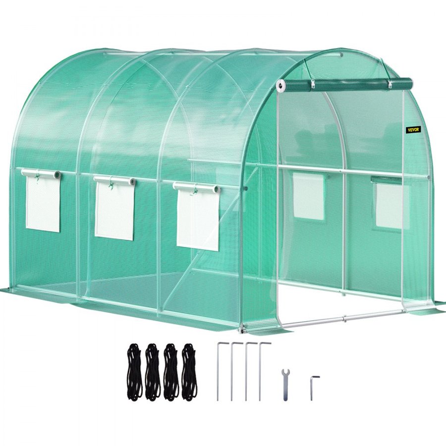 VEVOR Walk-in Tunnel Greenhouse, 304.8 x 213.4 x 213.4 cm Portable Plant Hot House w/ Galvanized Steel Hoops, 1 Top Beam, Diagonal Poles, Zippered Door & 6 Roll-up Windows, Green