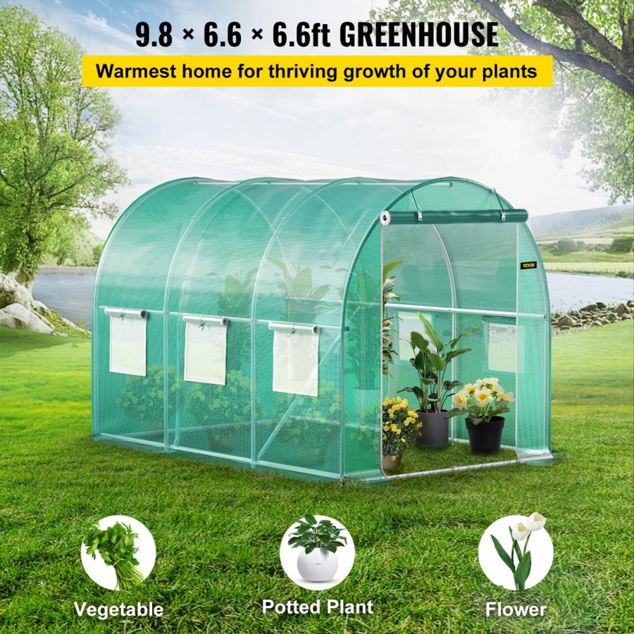 VEVOR Walk-in Tunnel Greenhouse, 304.8 x 213.4 x 213.4 cm Portable Plant Hot House w/ Galvanized Steel Hoops, 1 Top Beam, Diagonal Poles, Zippered Door & 6 Roll-up Windows, Green