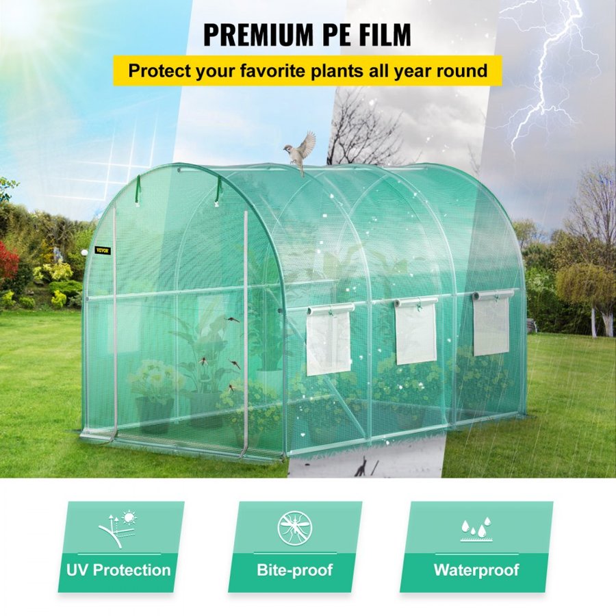 VEVOR Walk-in Tunnel Greenhouse, 304.8 x 213.4 x 213.4 cm Portable Plant Hot House w/ Galvanized Steel Hoops, 1 Top Beam, Diagonal Poles, Zippered Door & 6 Roll-up Windows, Green