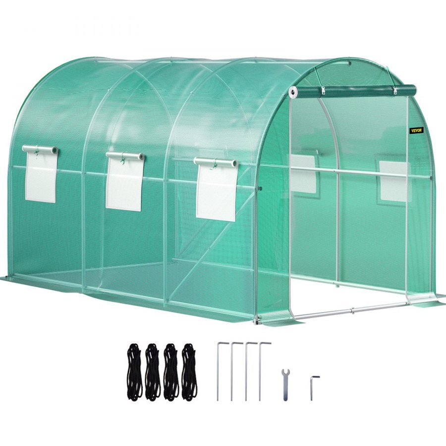 VEVOR Walk-in Tunnel Greenhouse, 3.6 x 2 x 2 m/ 12 x 7 x 7 ft Portable Plant Hot House w/ Galvanized Steel Hoops, 1 Top Beams, 2 Diagonal Poles, 2 Zippered Doors & 6 Roll-up Windows, Green