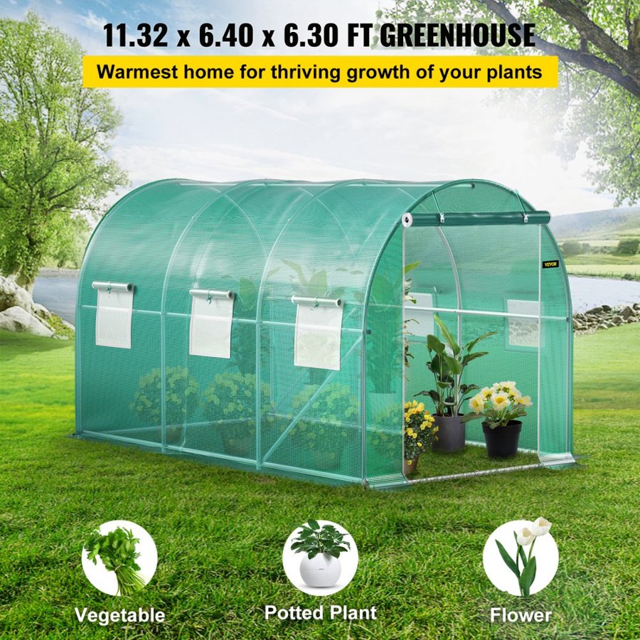 VEVOR Walk-in Tunnel Greenhouse, 3.6 x 2 x 2 m/ 12 x 7 x 7 ft Portable Plant Hot House w/ Galvanized Steel Hoops, 1 Top Beams, 2 Diagonal Poles, 2 Zippered Doors & 6 Roll-up Windows, Green