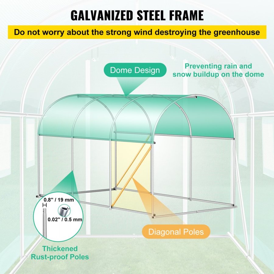 VEVOR Walk-in Tunnel Greenhouse, 3.6 x 2 x 2 m/ 12 x 7 x 7 ft Portable Plant Hot House w/ Galvanized Steel Hoops, 1 Top Beams, 2 Diagonal Poles, 2 Zippered Doors & 6 Roll-up Windows, Green