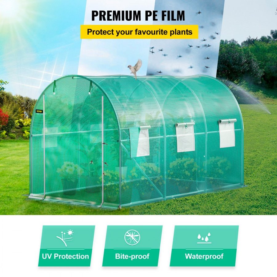VEVOR Walk-in Tunnel Greenhouse, 3.6 x 2 x 2 m/ 12 x 7 x 7 ft Portable Plant Hot House w/ Galvanized Steel Hoops, 1 Top Beams, 2 Diagonal Poles, 2 Zippered Doors & 6 Roll-up Windows, Green