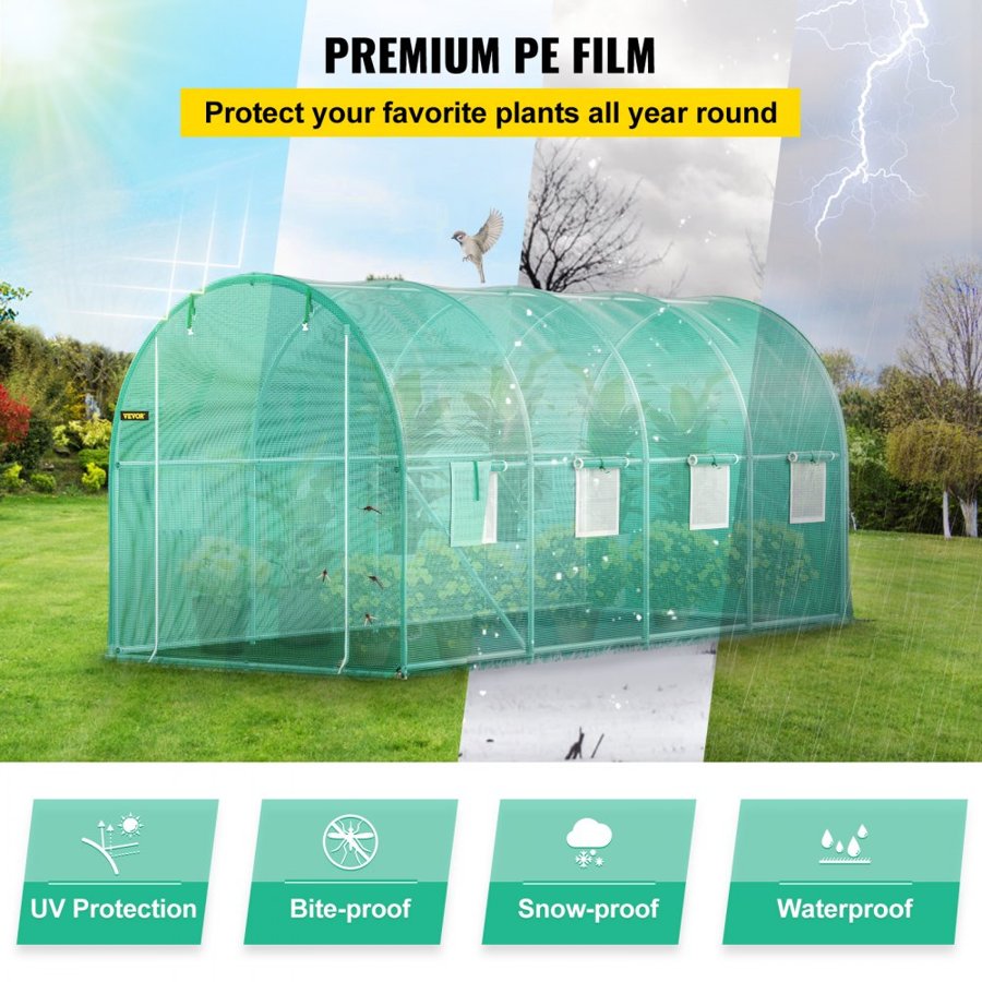 VEVOR High Tunnel Greenhouse – 15x7x7 ft Walk-In, 8 Windows